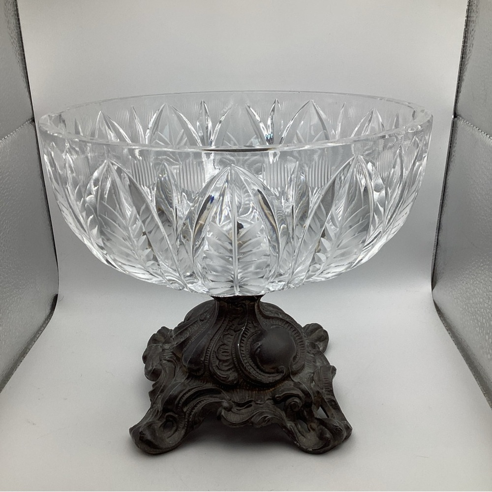 VTG Round Cut Crystal/Cast Metal Pedestal 7-3/4” dia. Compote Center Piece Bowl